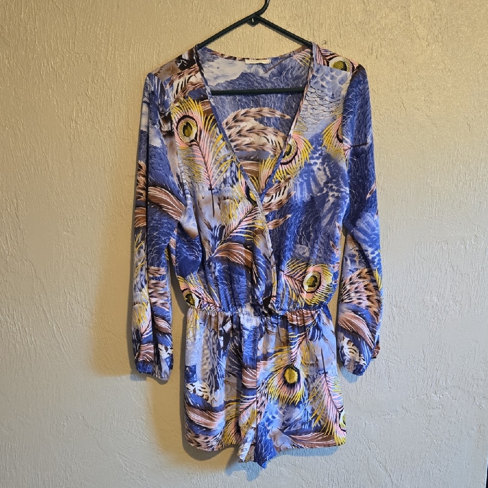 Olive Tree Colorful Feather Print Romper Large